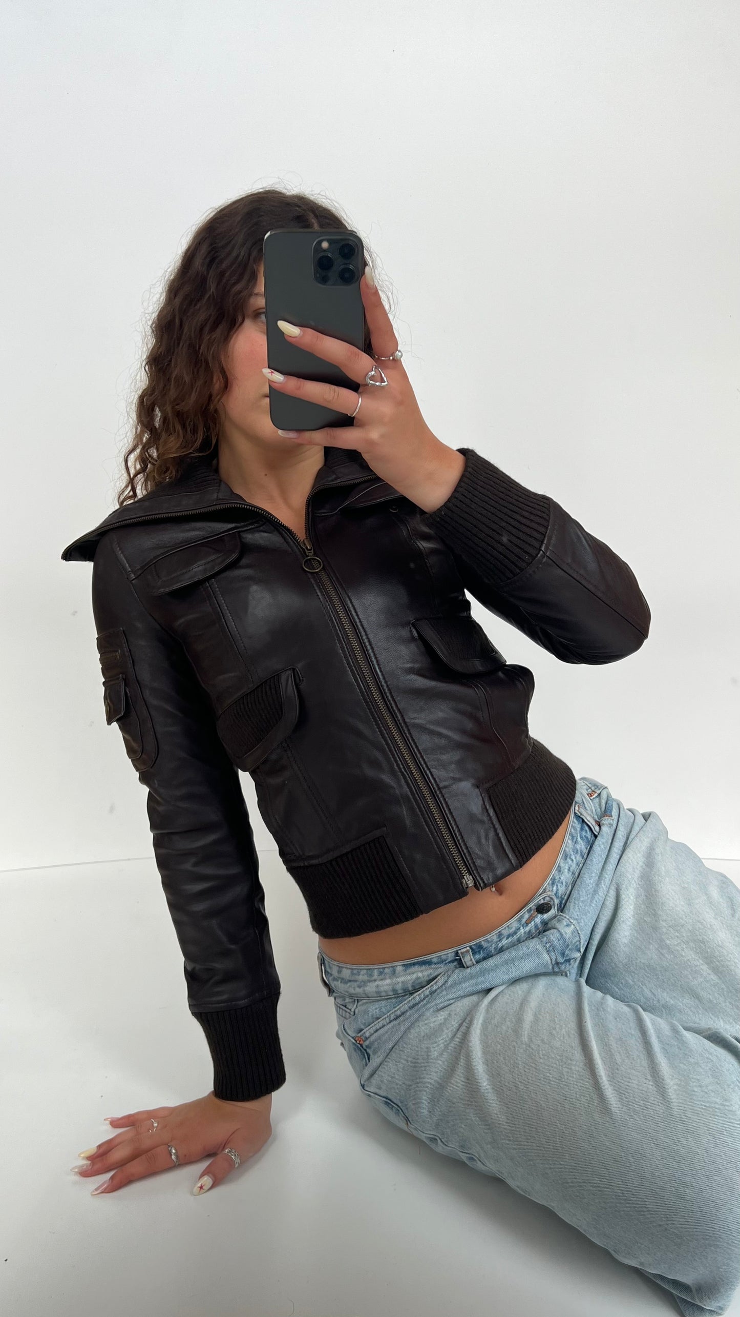00s brown leather jacket- size XS