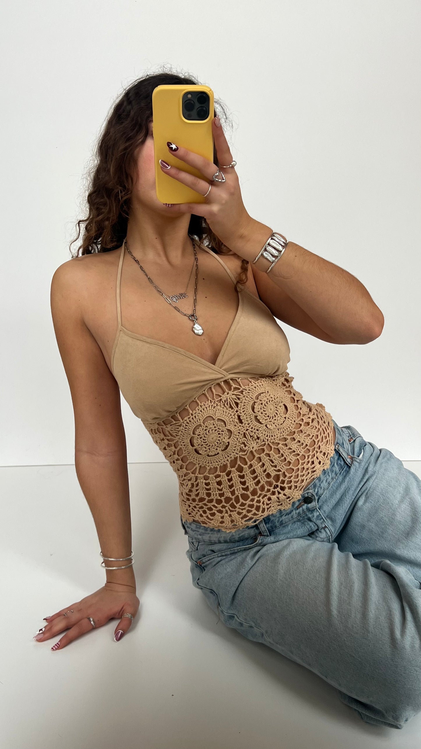 00s tan crochet halter cami- size L