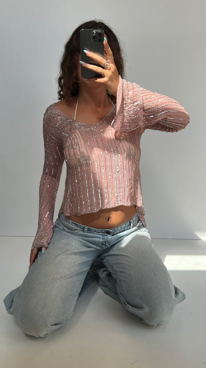 00s pink sequin mesh top- size M