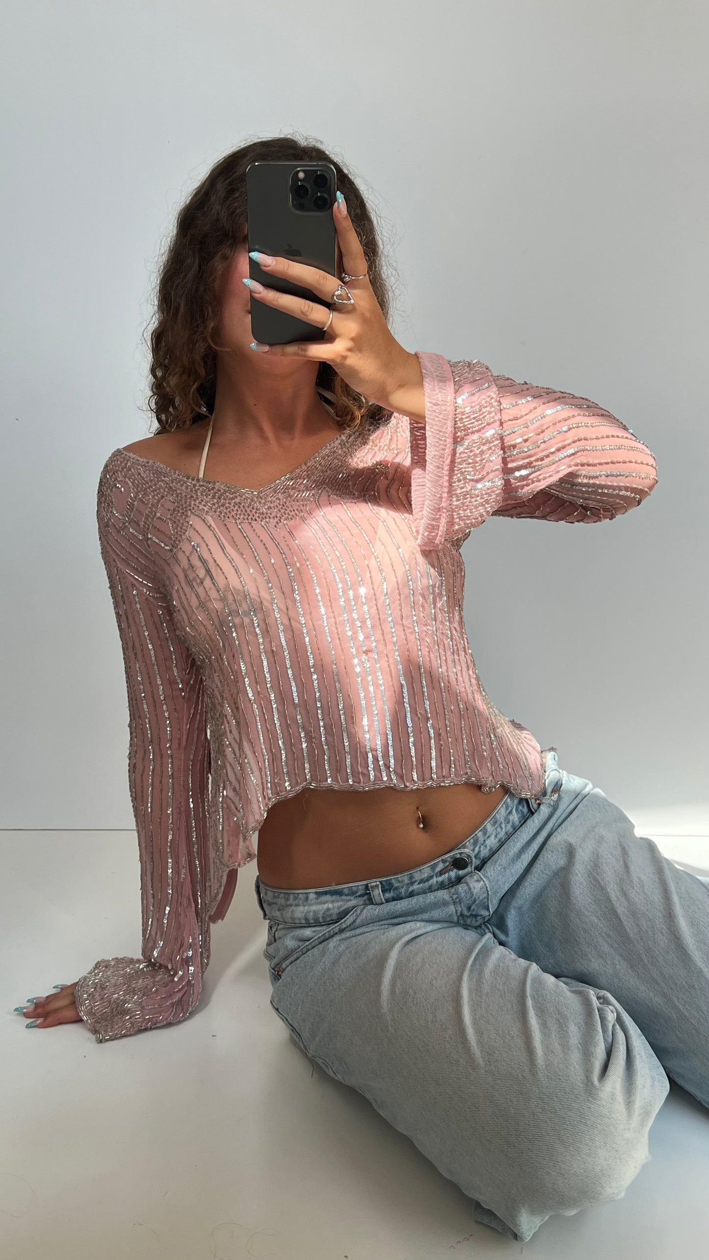 00s pink sequin mesh top- size M