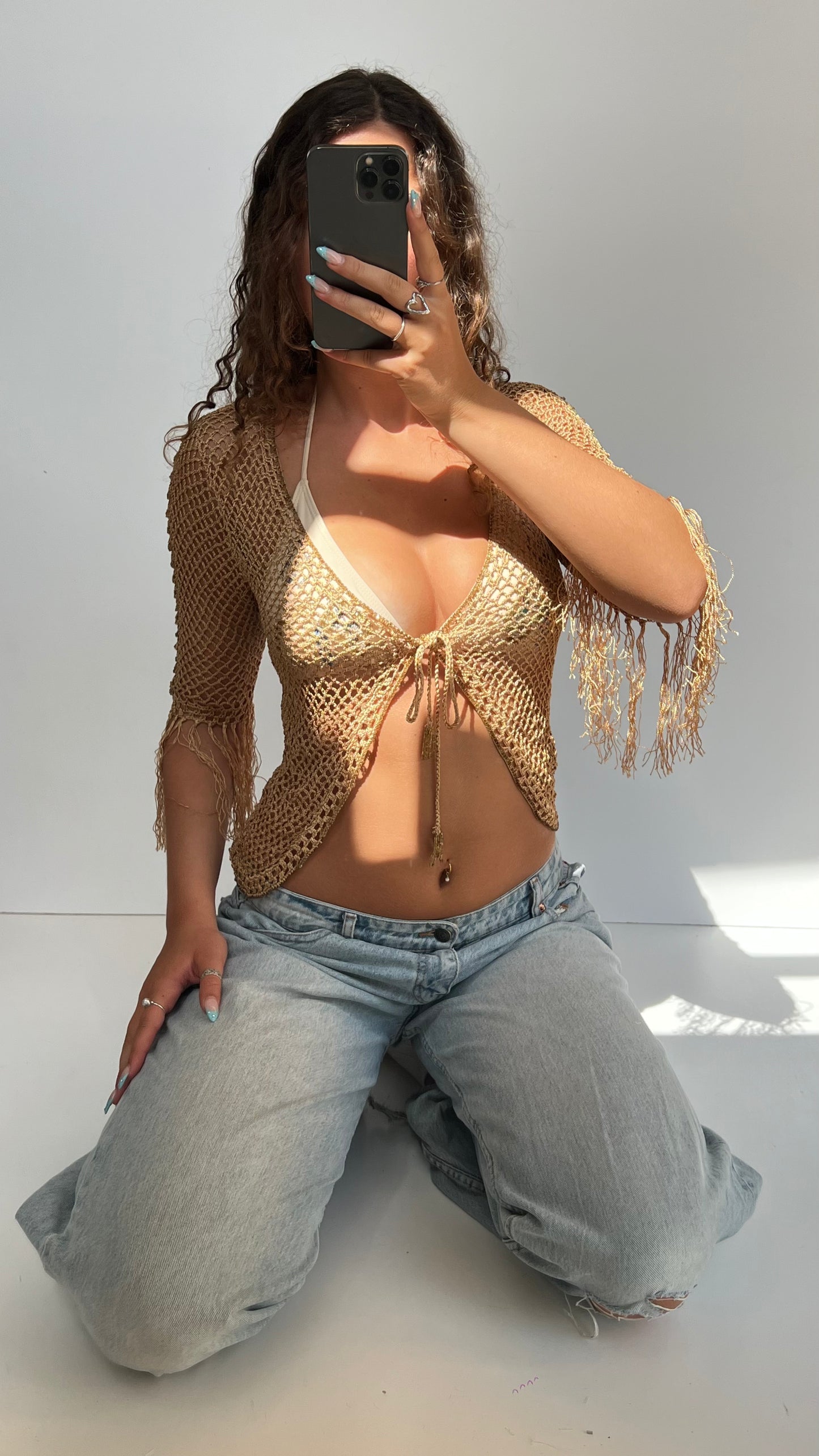 00s gold crochet cardigan- size M