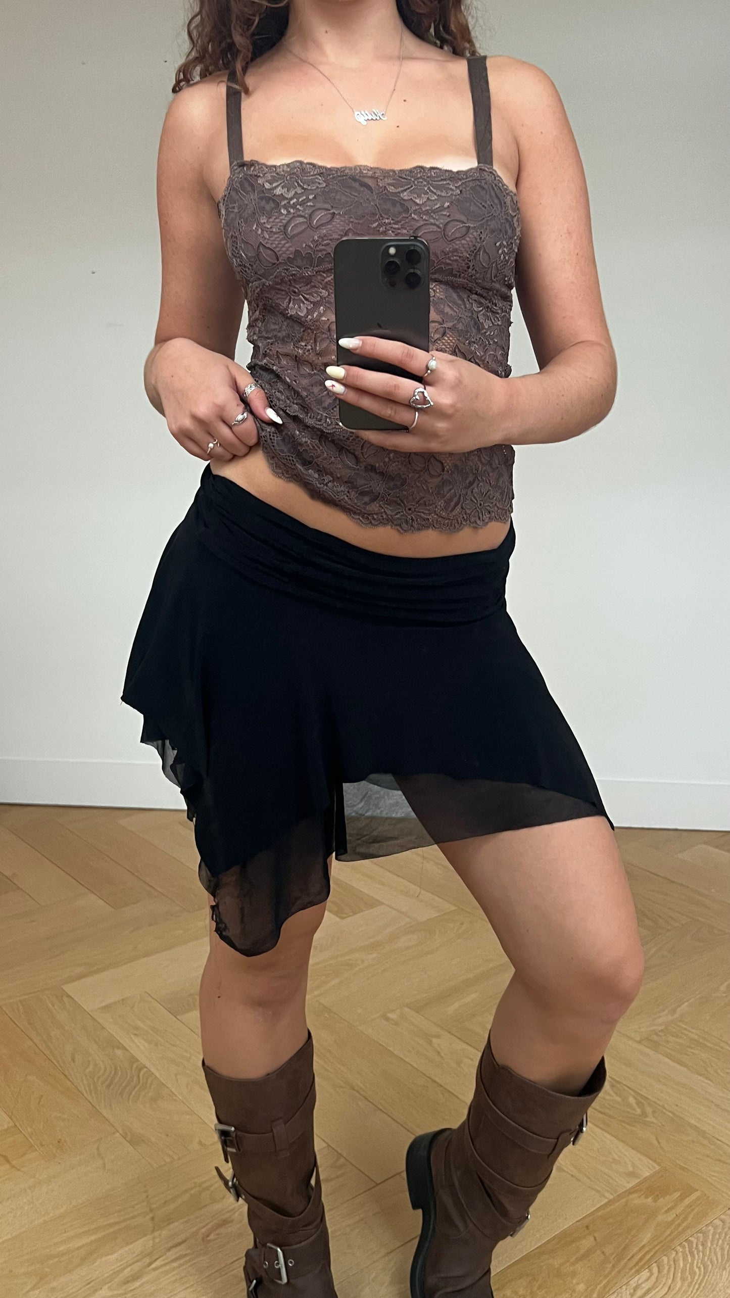 00s black ruched mesh mini skirt- size