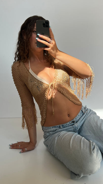 00s gold crochet cardigan- size M
