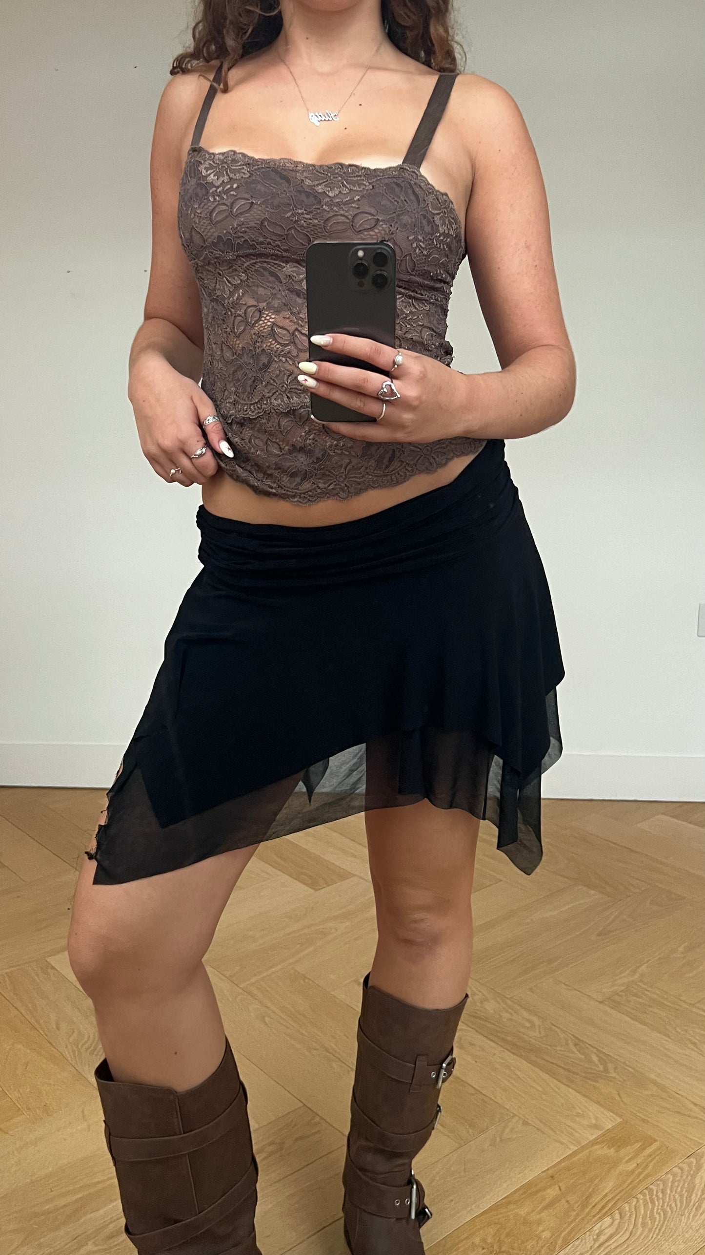 00s black ruched mesh mini skirt- size