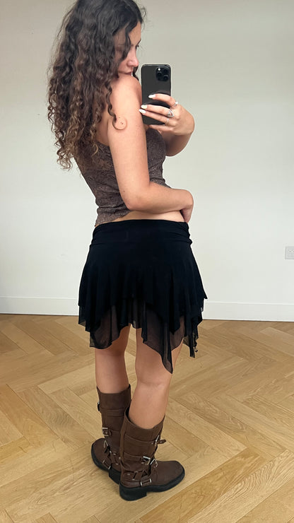 00s black ruched mesh mini skirt- size