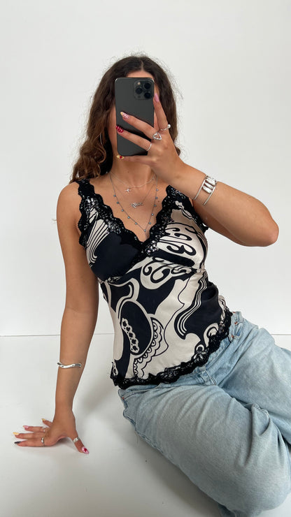 00s black white lace top- size M