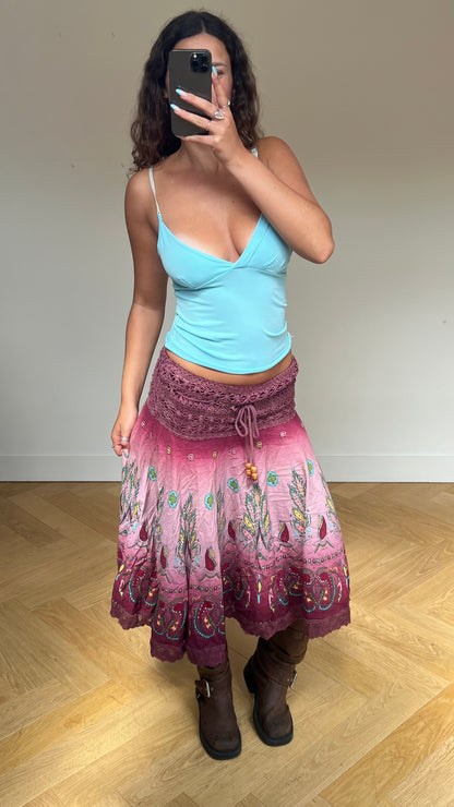 00s pink crochet midi skirt- size S