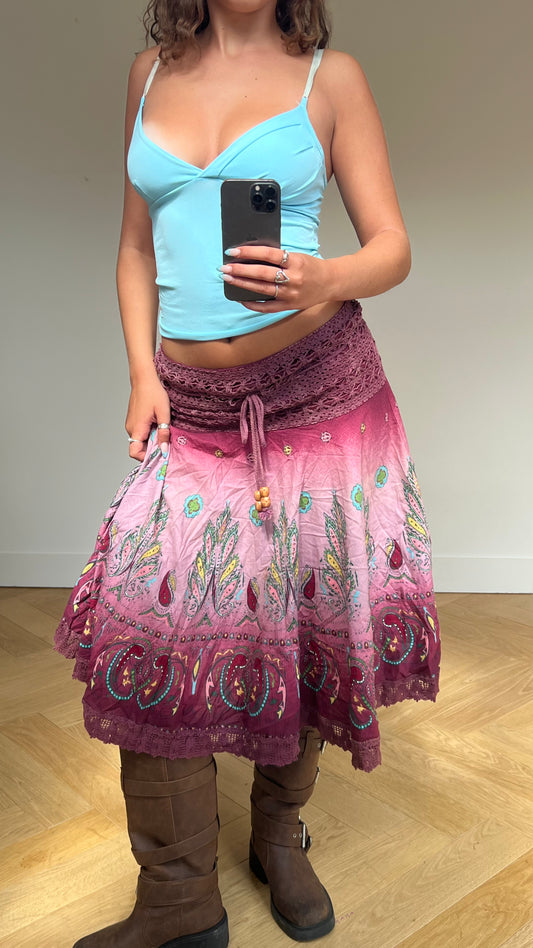 00s pink crochet midi skirt- size S