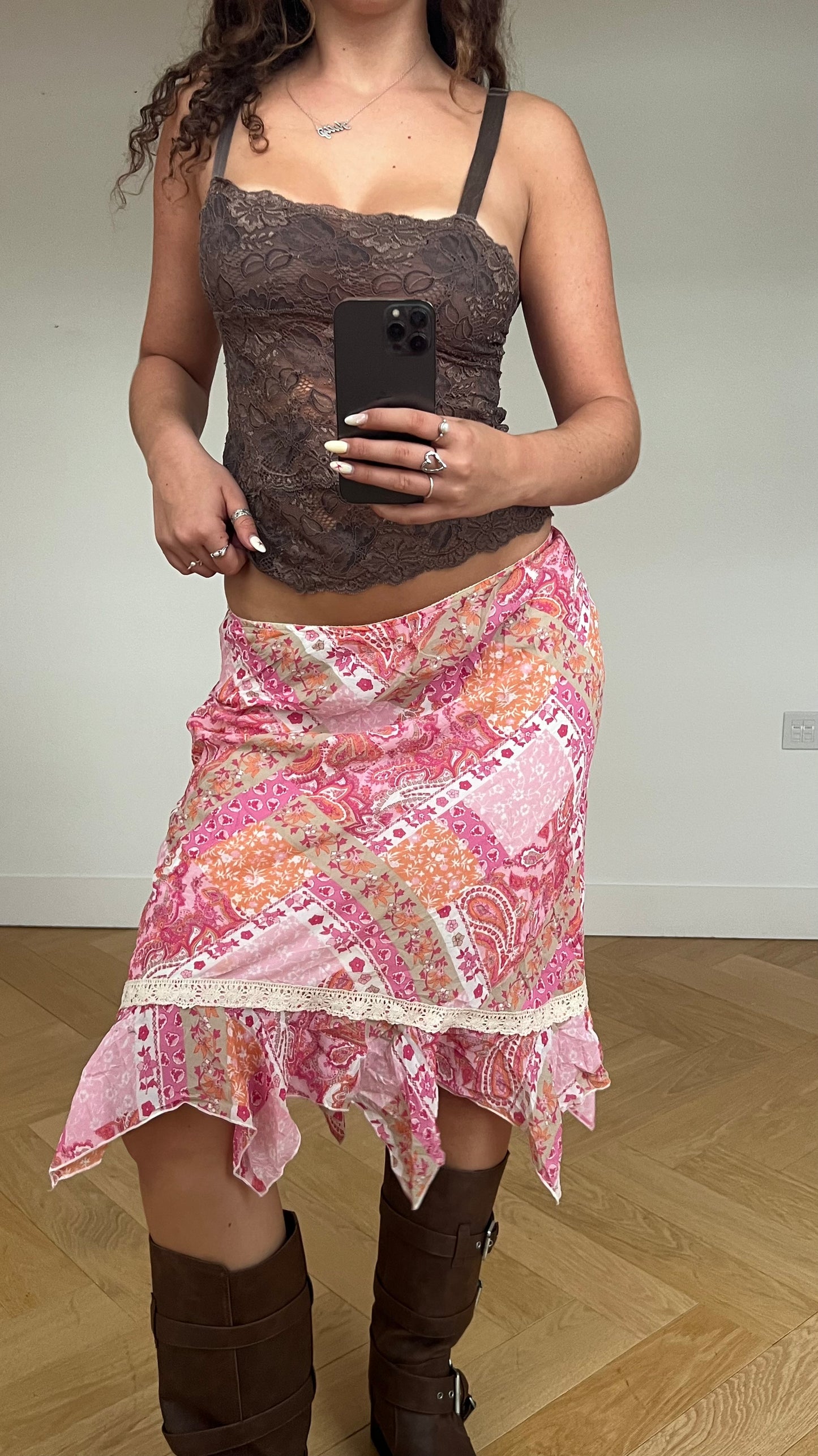 00s pink paisley midi skirt- size S