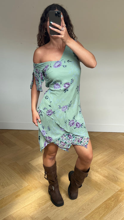 00s blue mesh floral beaded dress- size M/L