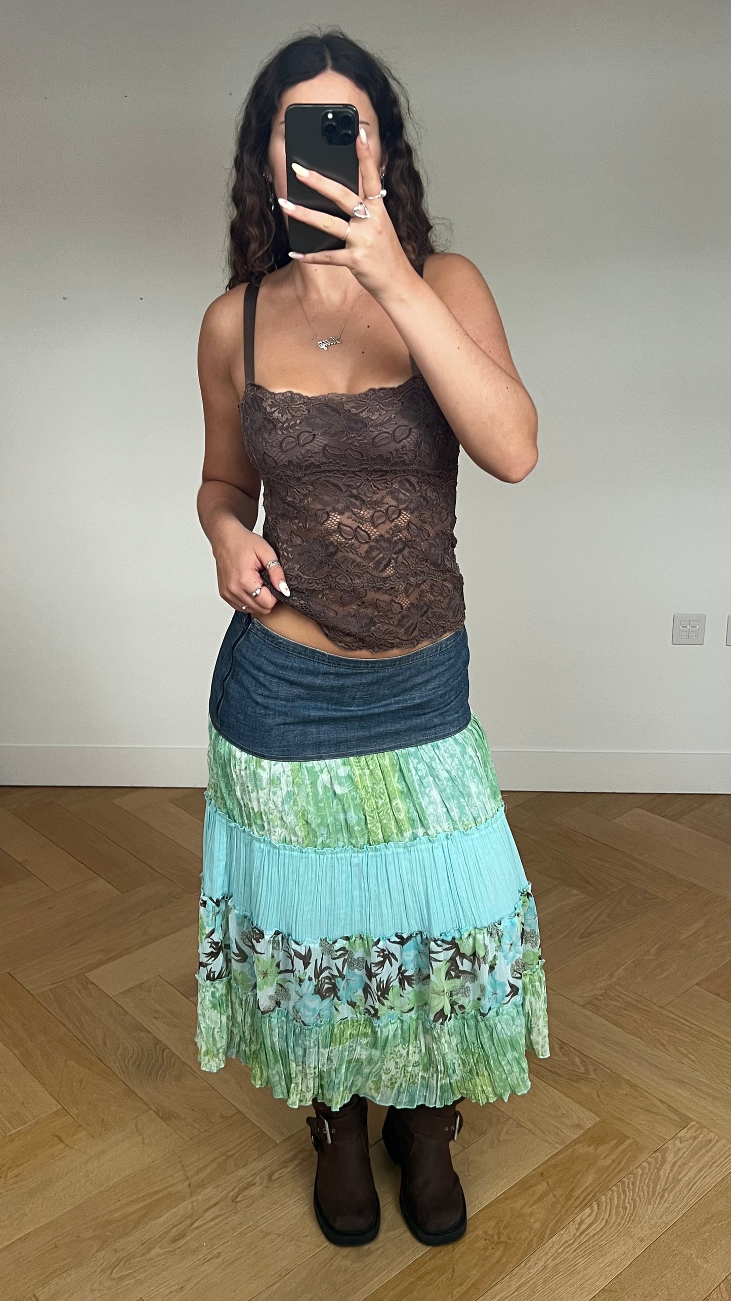 00s blue green mesh midi skirt- size XL