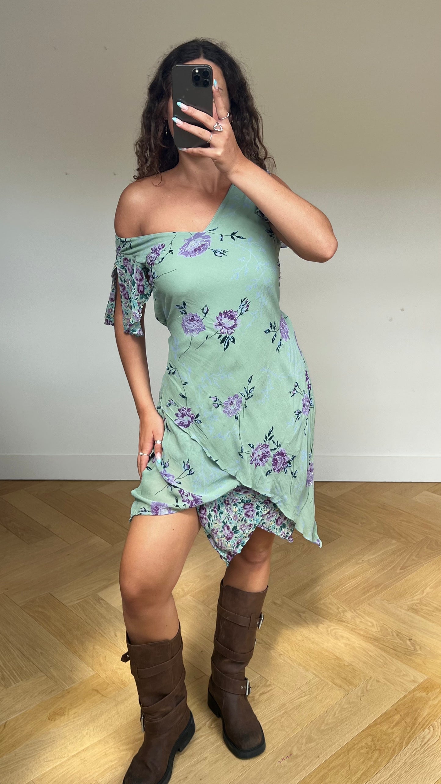 00s blue mesh floral beaded dress- size M/L