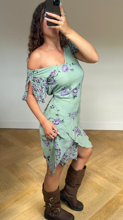 00s blue mesh floral beaded dress- size M/L