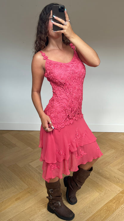 00s pink crochet maxi dress- size L