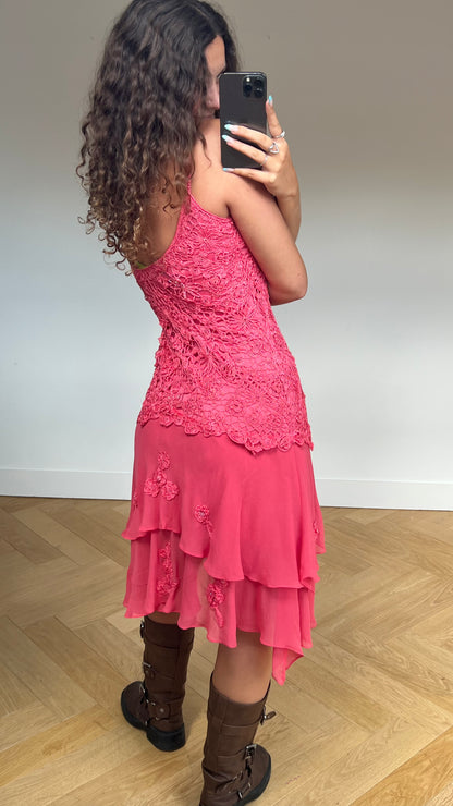 00s pink crochet maxi dress- size L