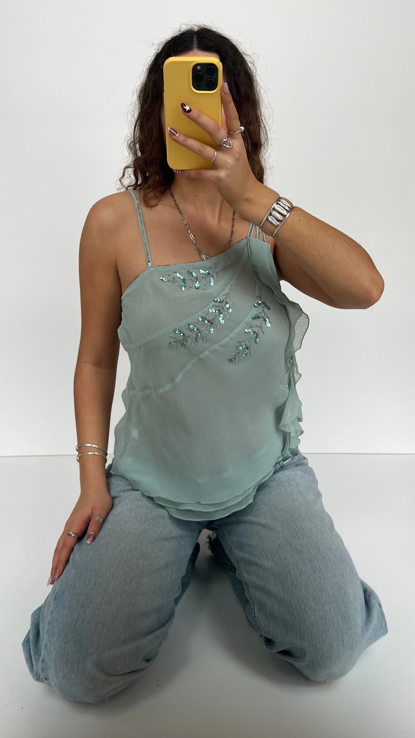 00s blue mesh beaded cami- size L