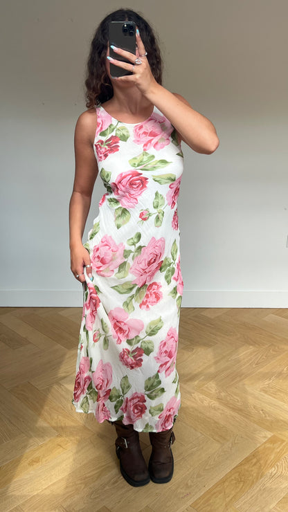 00s white pink floral maxi dress- size M