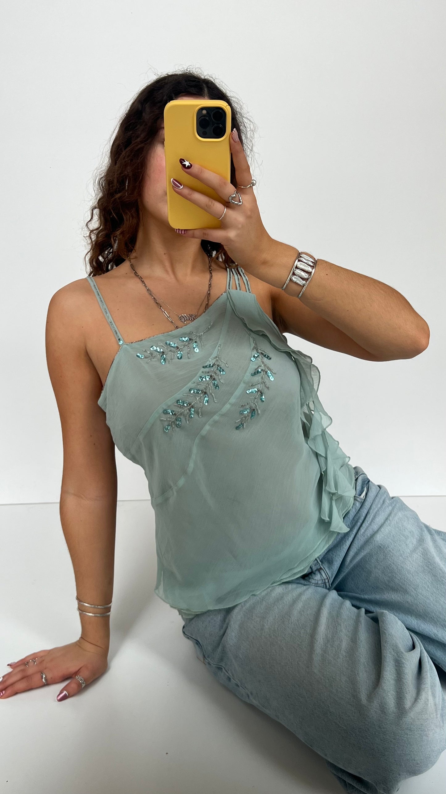 00s blue mesh beaded cami- size L