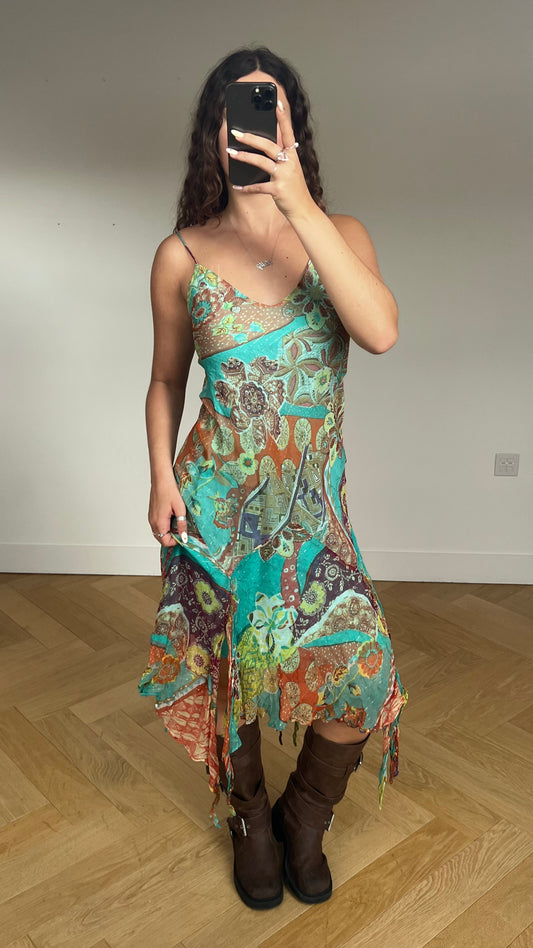 00s blue mesh asymmetric midi dress- size L