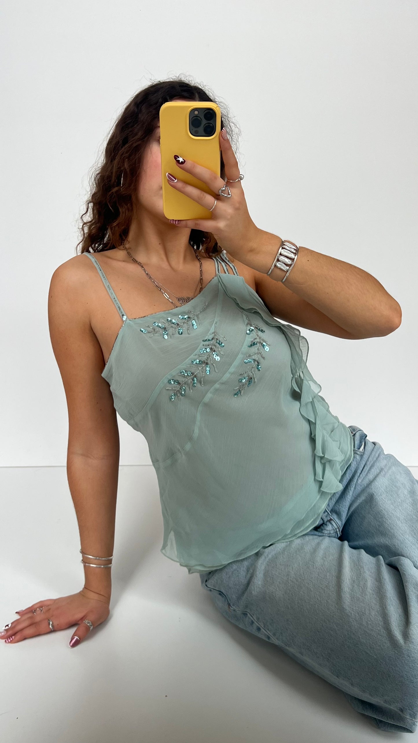 00s blue mesh beaded cami- size L