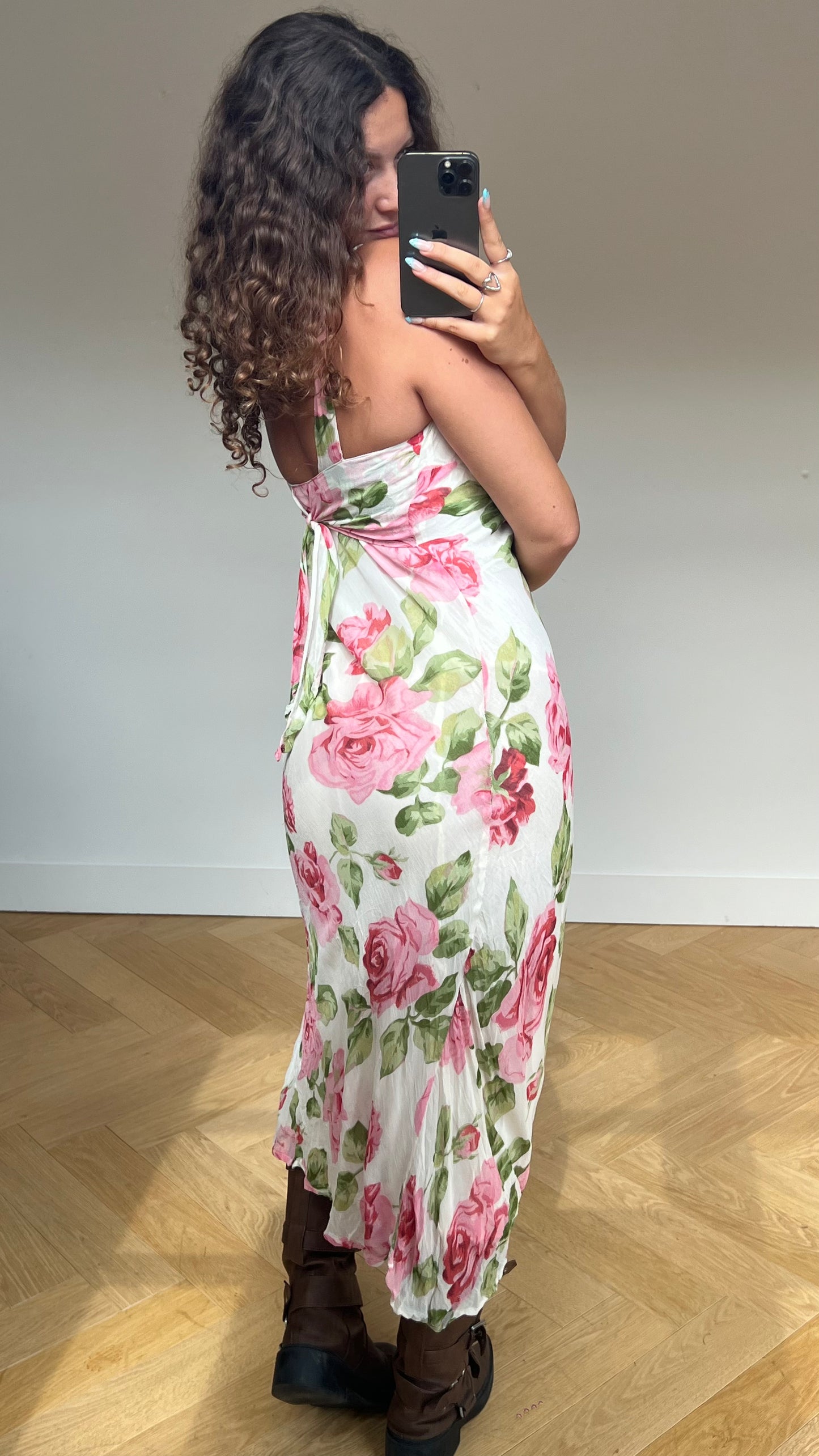 00s white pink floral maxi dress- size M