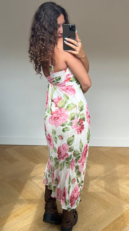00s white pink floral maxi dress- size M