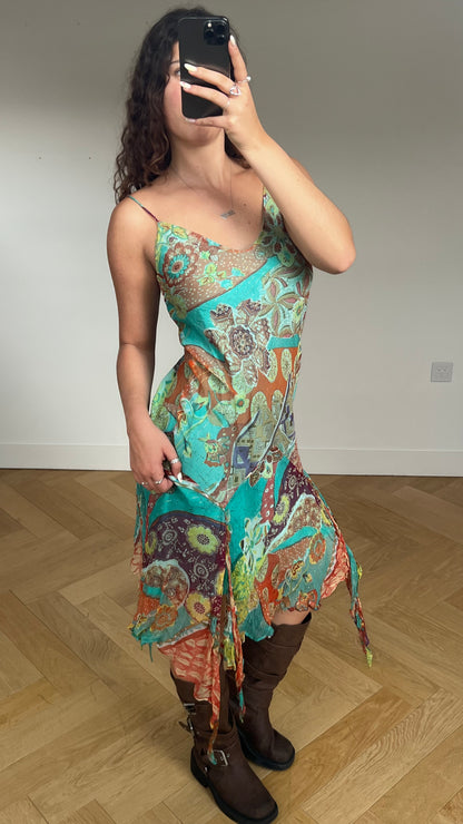 00s blue mesh asymmetric midi dress- size L