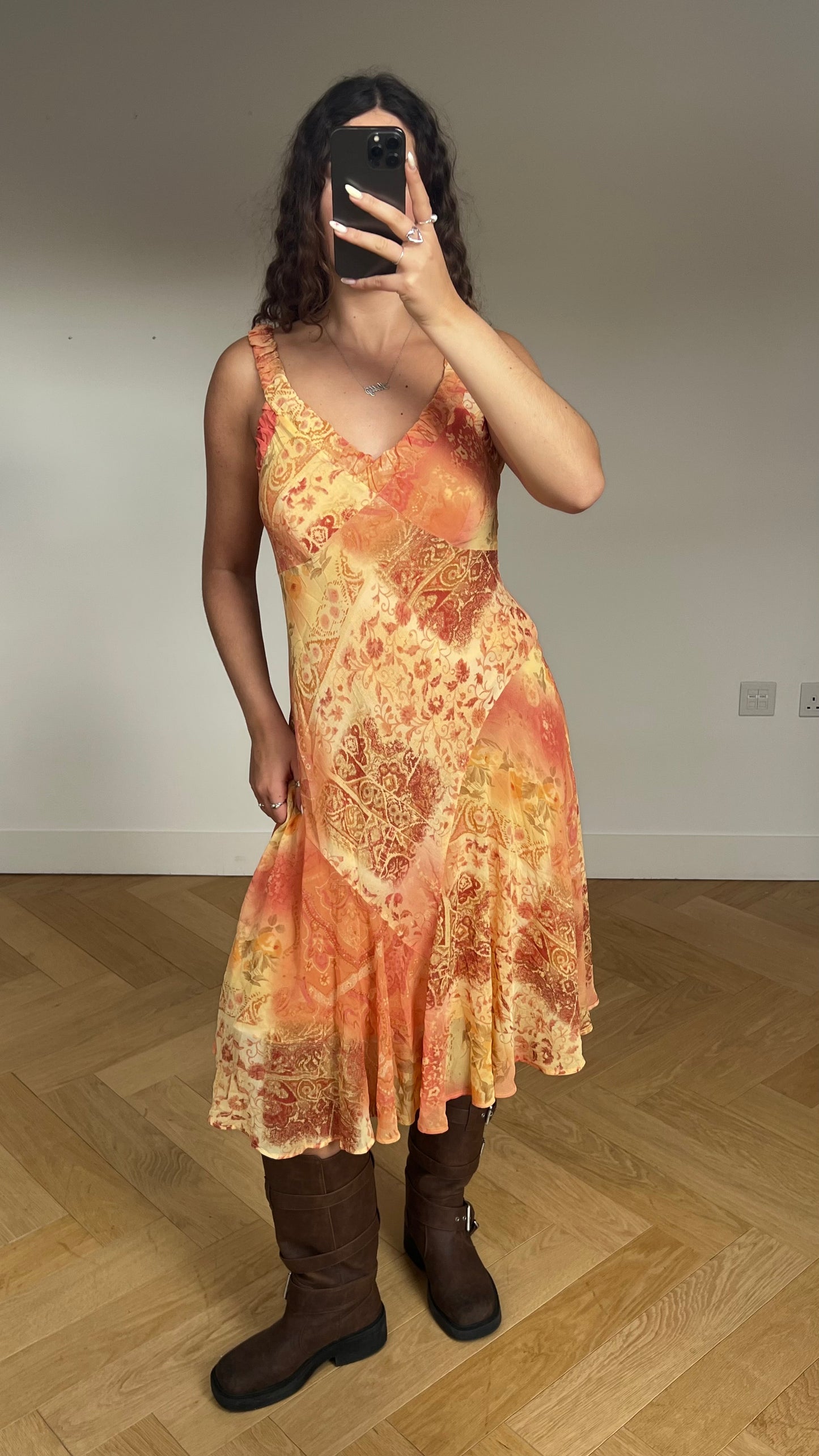00s orange patchwork maxi dress- size L