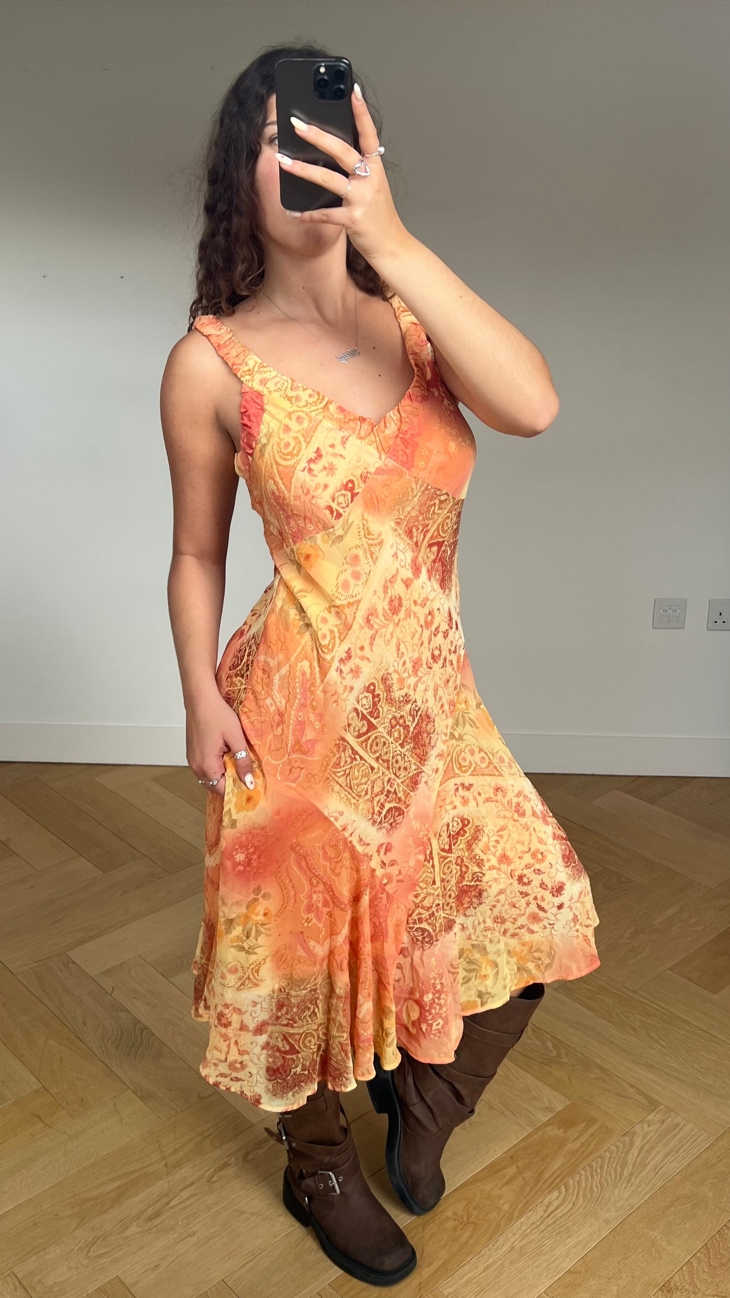 00s orange patchwork maxi dress- size L