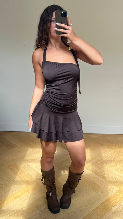 00s brown ruched mini dress- size M
