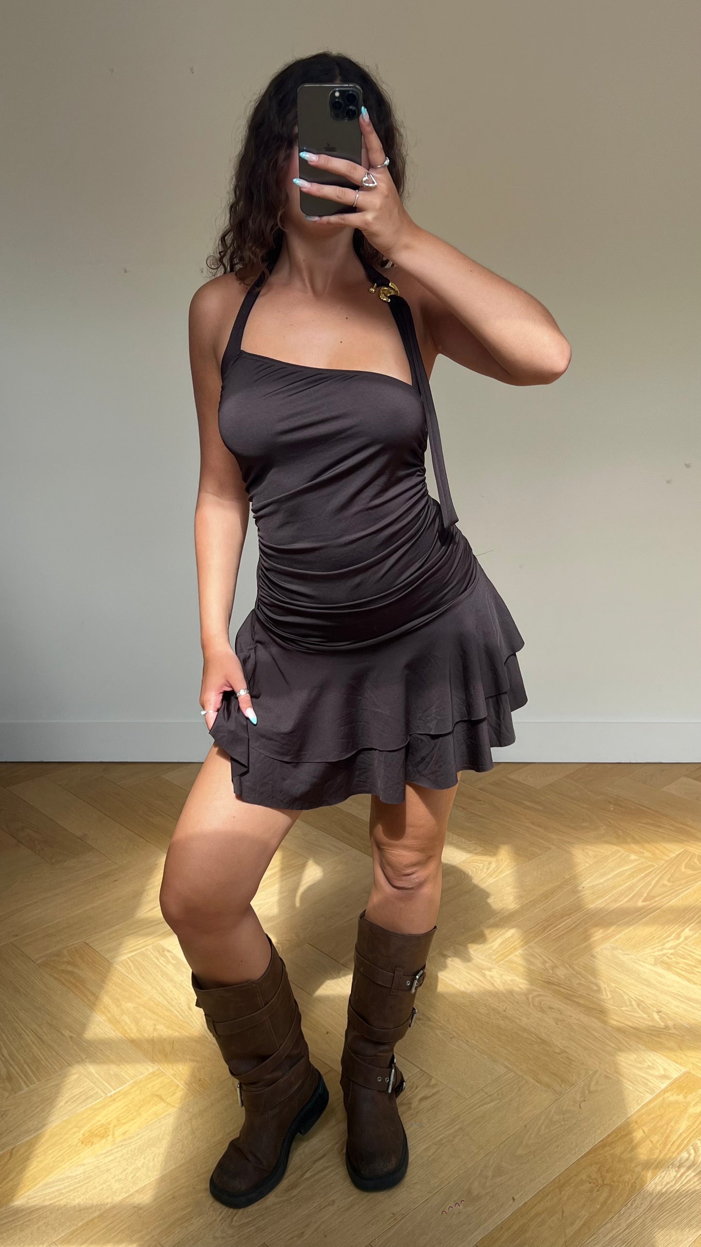 00s brown ruched mini dress- size M