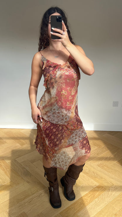 00s brown orange silk midi dress- size XL