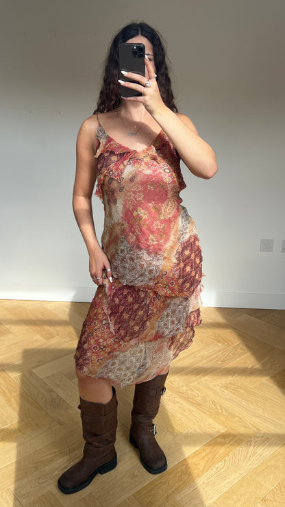 00s brown orange silk midi dress- size XL