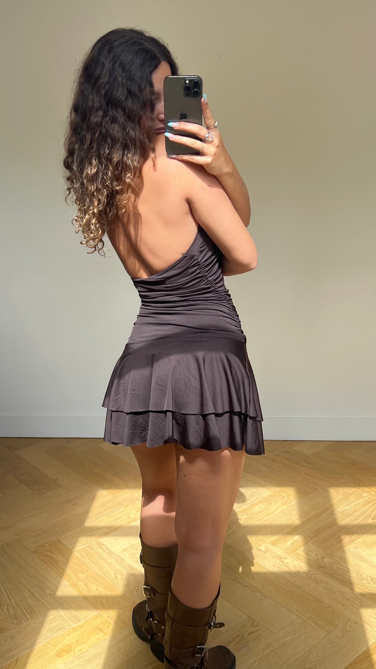 00s brown ruched mini dress- size M