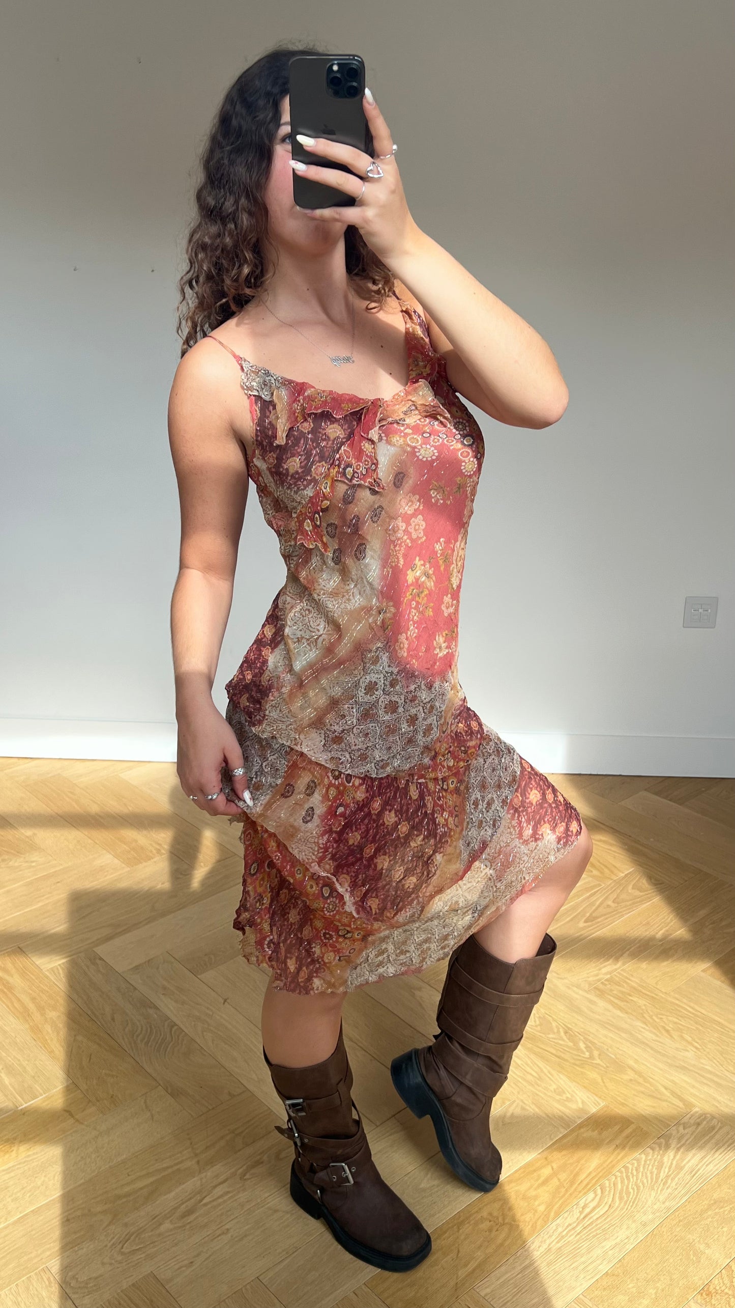 00s brown orange silk midi dress- size XL