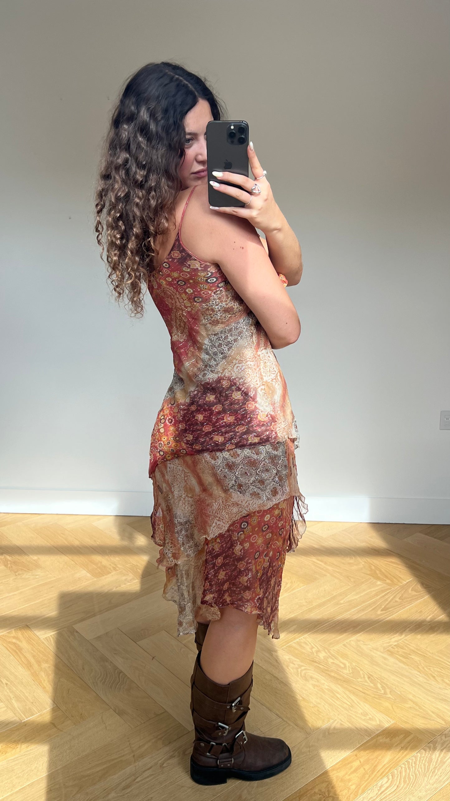 00s brown orange silk midi dress- size XL