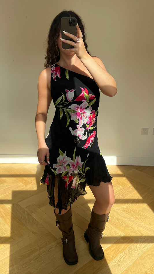 00s black floral midi dress- size S