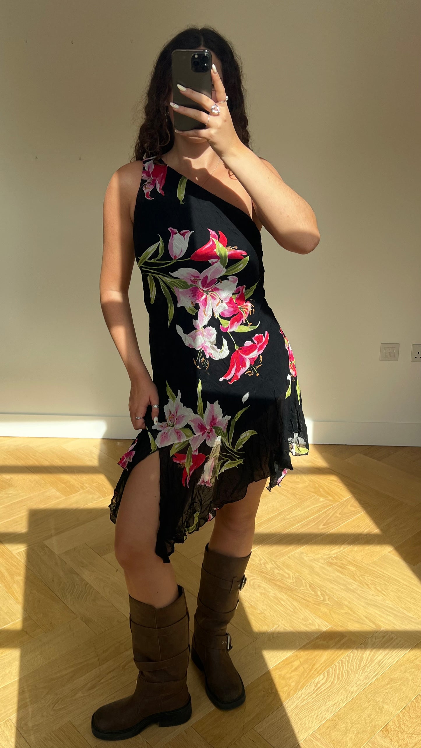 00s black floral midi dress- size S