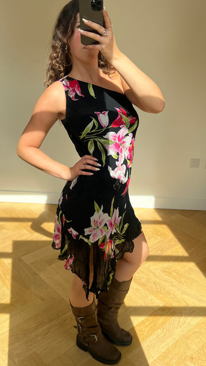 00s black floral midi dress- size S