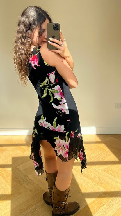 00s black floral midi dress- size S