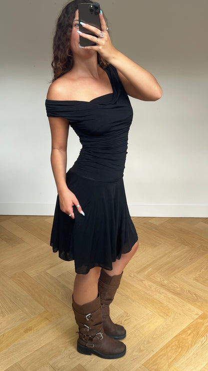 00s black ruched midi dress- size S