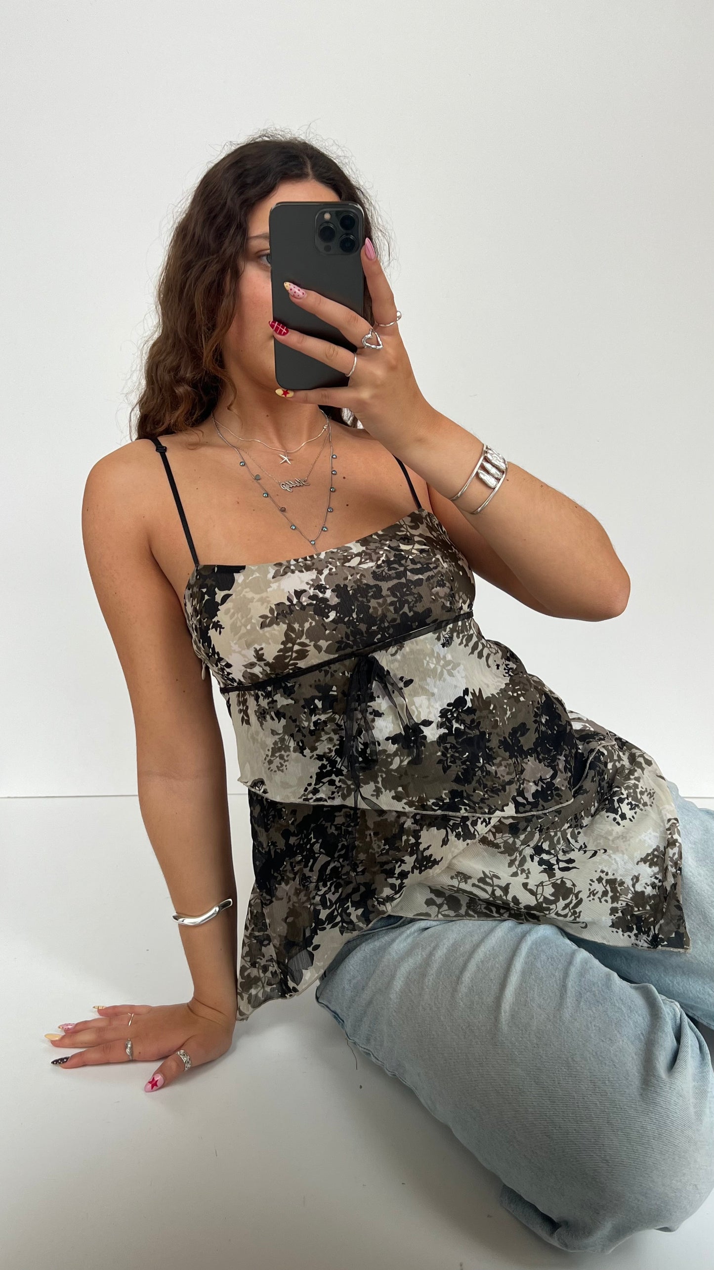 00s black mesh asymmetric cami- size M