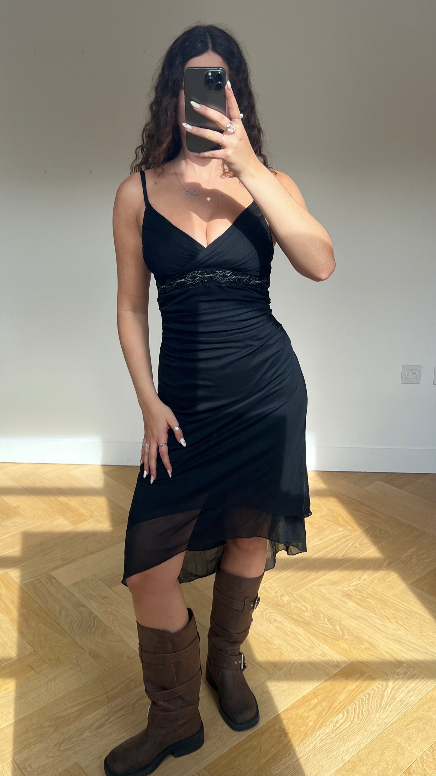 00s black mesh midi dress- size M