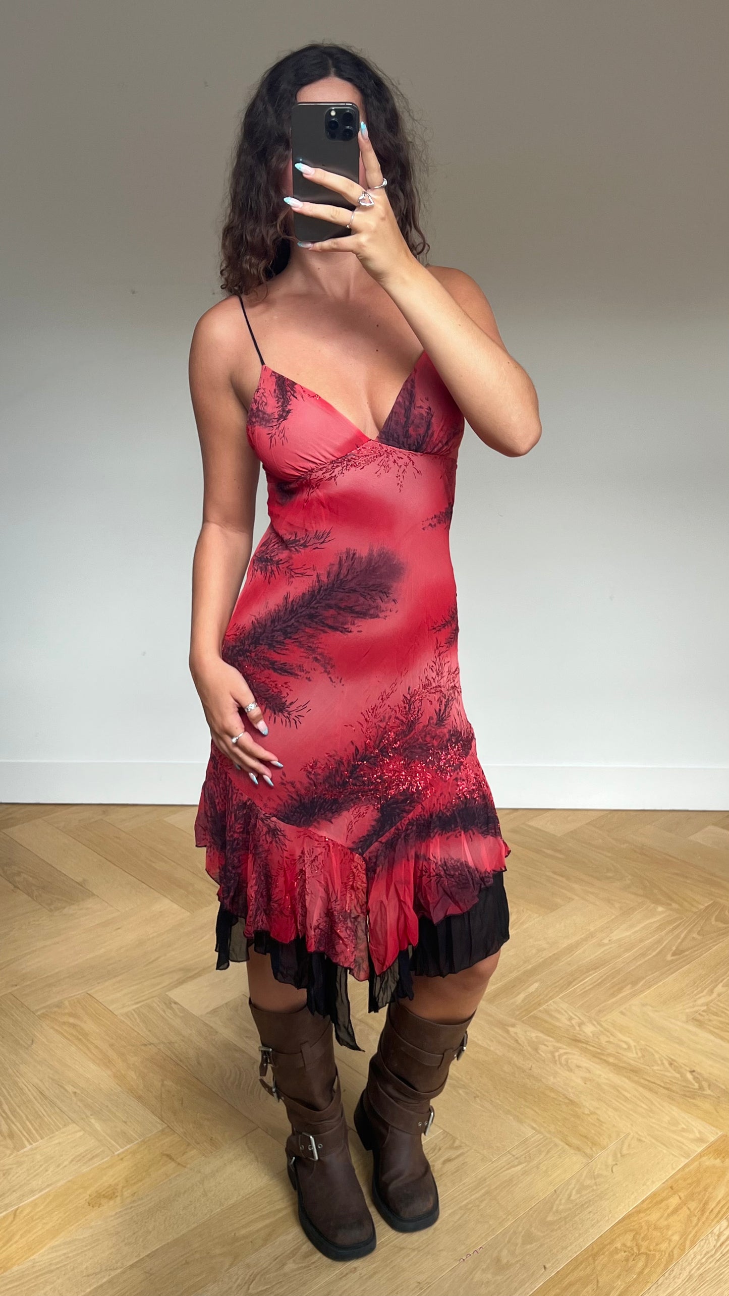 00s red glitter mesh midi dress- size M