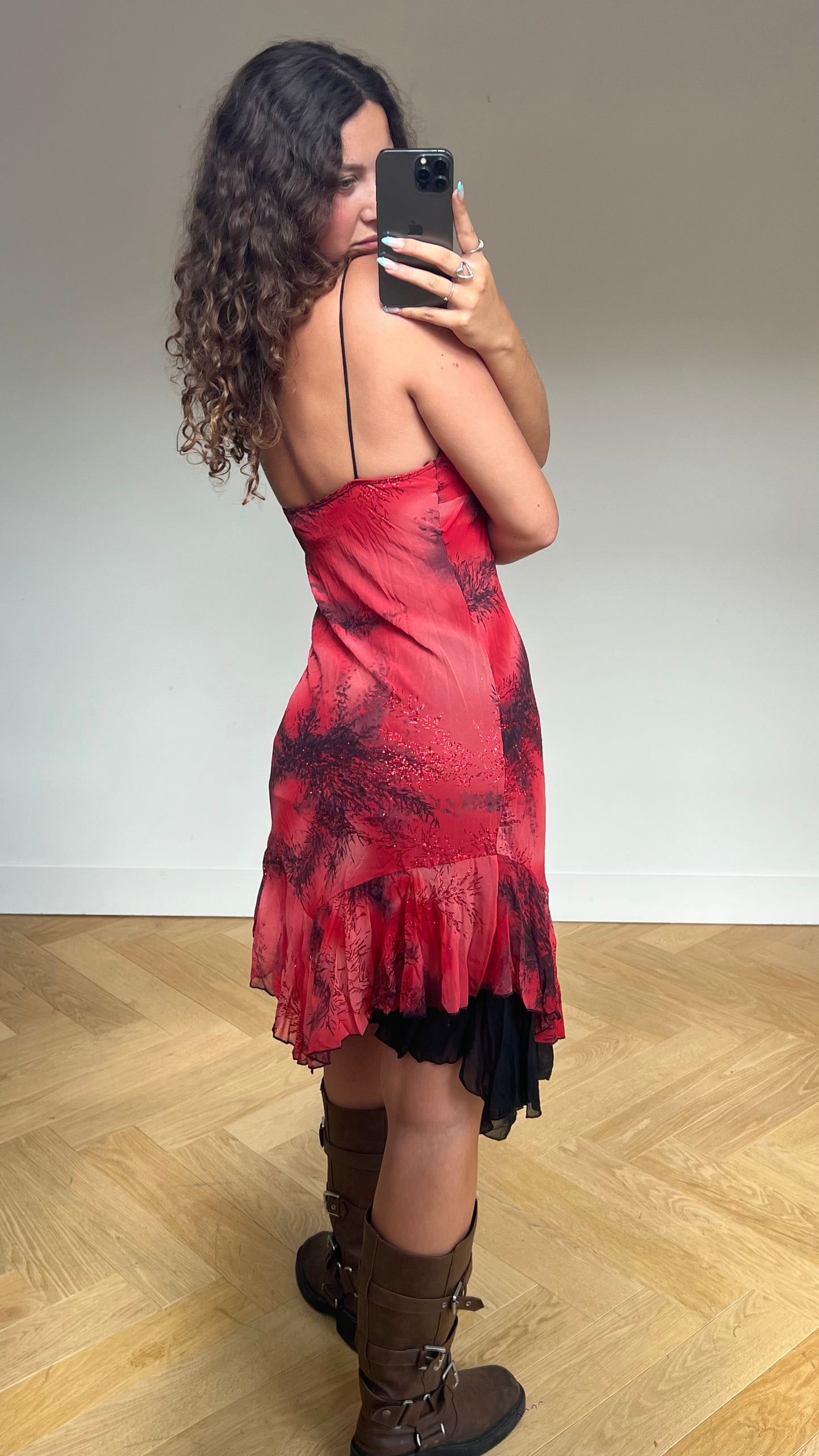 00s red glitter mesh midi dress- size M