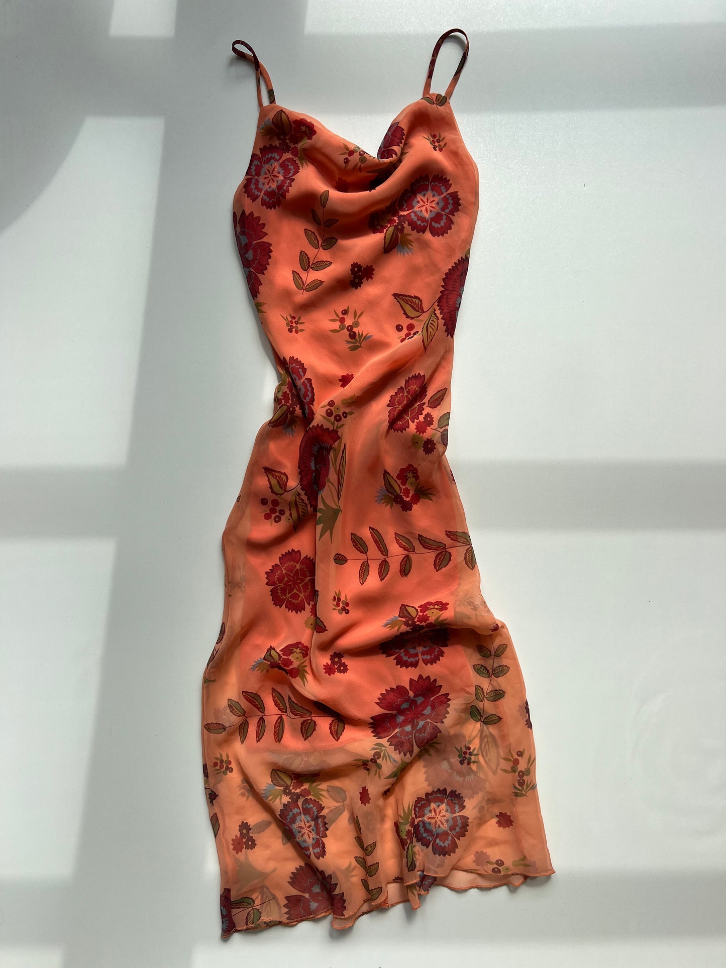 00s orange floral mesh midi dress- size XS