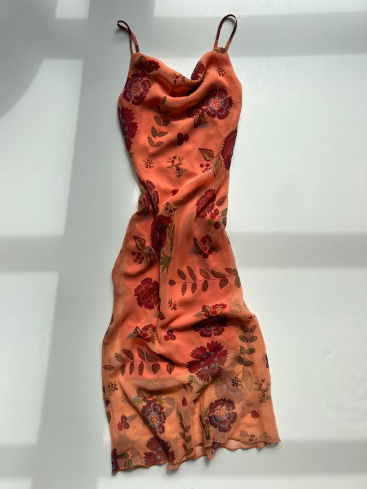 00s orange floral mesh midi dress- size XS