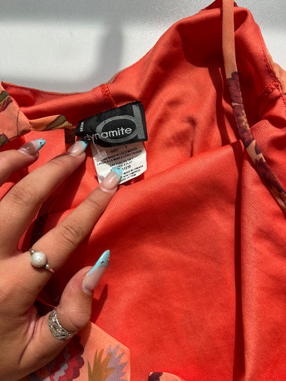 00s orange floral mesh midi dress- size XS