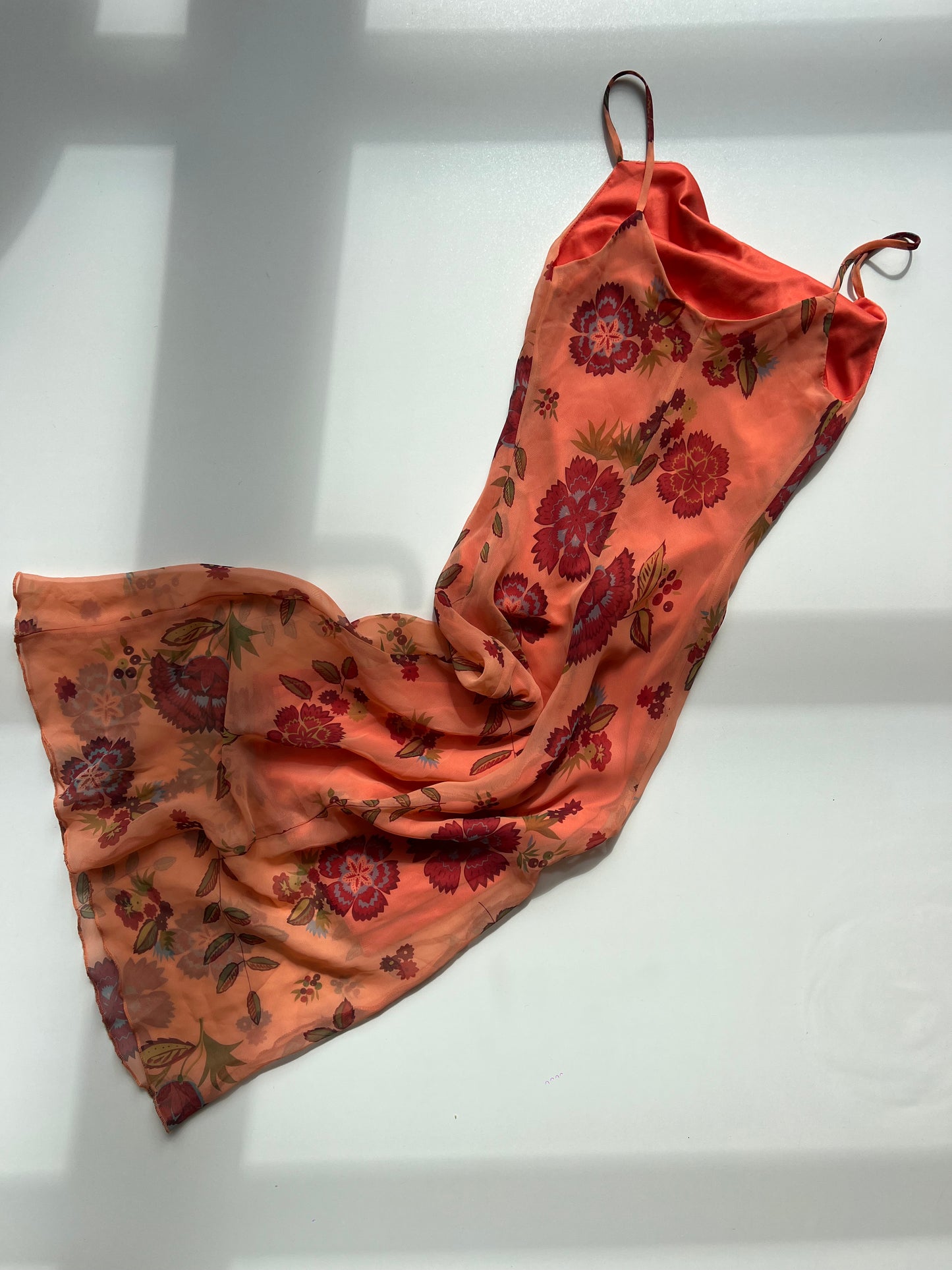 00s orange floral mesh midi dress- size XS