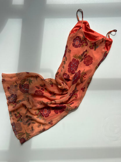 00s orange floral mesh midi dress- size XS